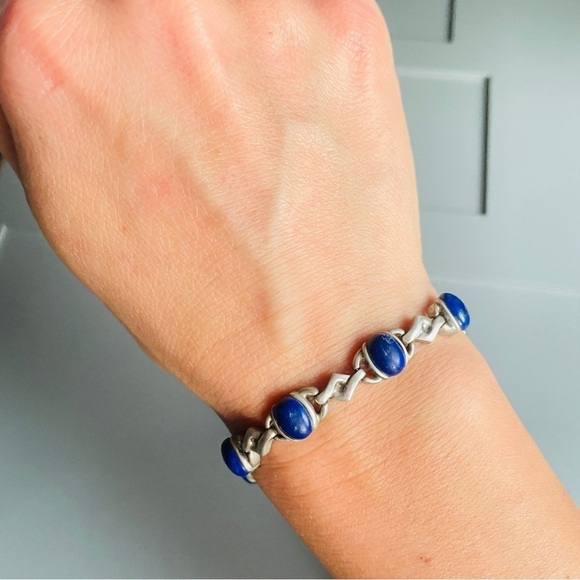 Vintage Art Deco Lapis Lazuli High Fashion Sterling Silver Bracelet - Picture 6 of 8